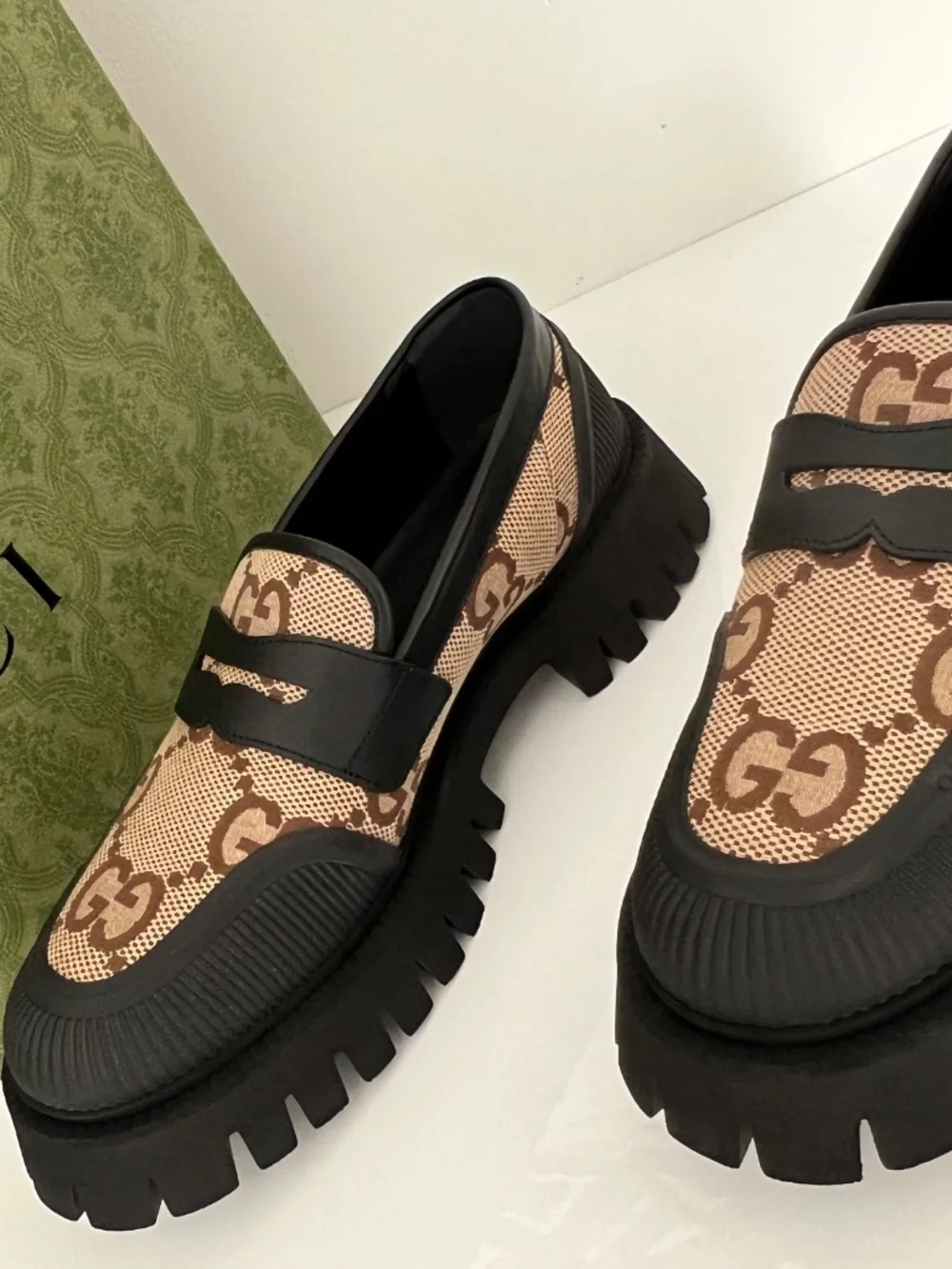 Gucci Men's Shoes Maxi GG Slip On Loafers Rubber Fabric Leather Size 10.5 US 11